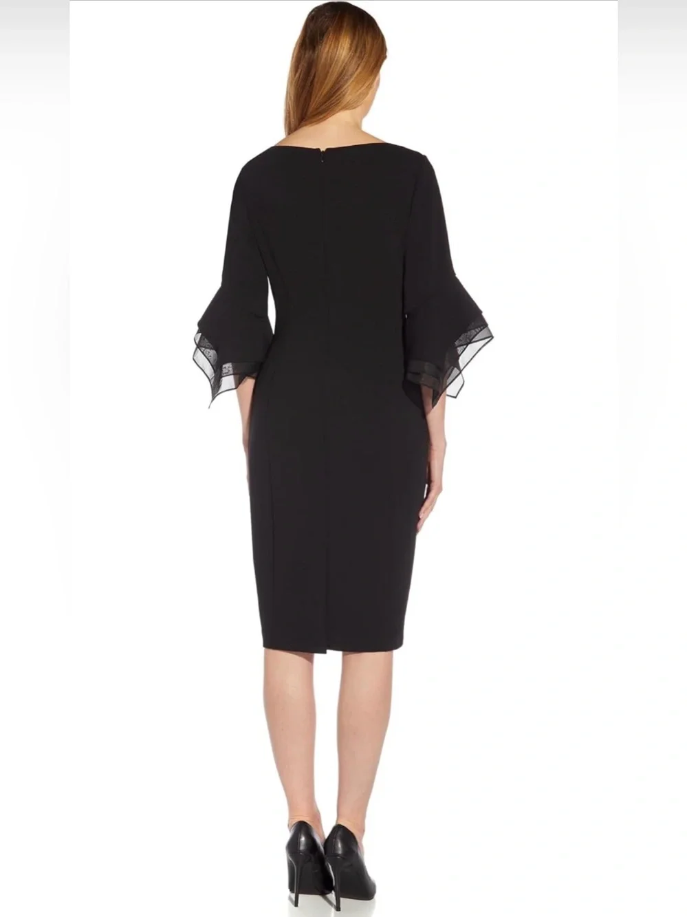 Adrianna Papell Black Bell Sleeve Midi Sheath Dress